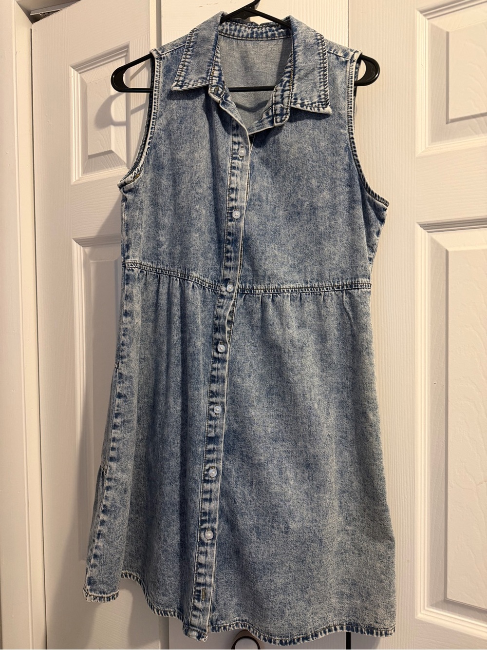 Sleeveless Light Blue Washed Denim Button-Front Dress